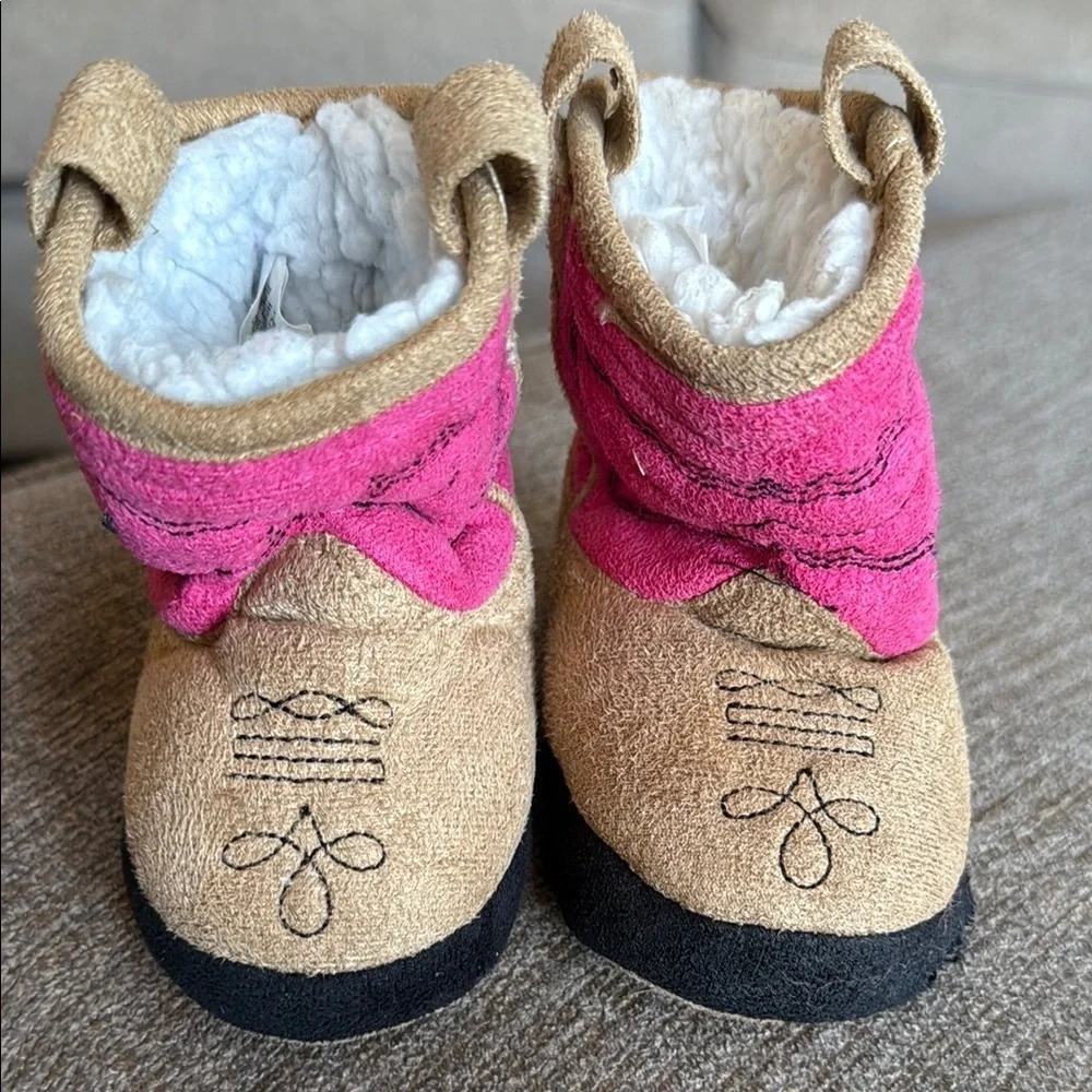 Cozy Pink and Tan Baby Boots Slippers, XS